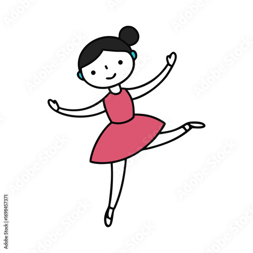 Cute Girl Dancing Ballerina Illustration in Pink Dress on White Background