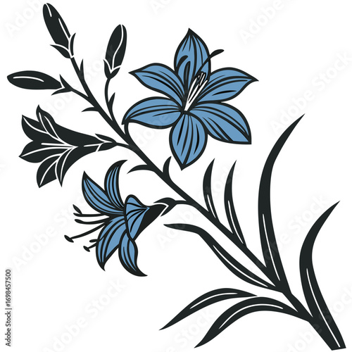 Stylized blue lily flowers and buds on a black stem