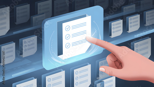 Digital Document Selection: A digitally rendered hand carefully selects and highlights a document from a shelf, signifying careful consideration of information, knowledge, and organization.