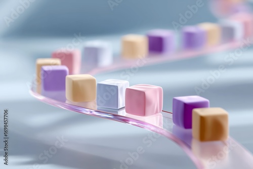 Abstract pastel cubes on curved transparent path in soft focus