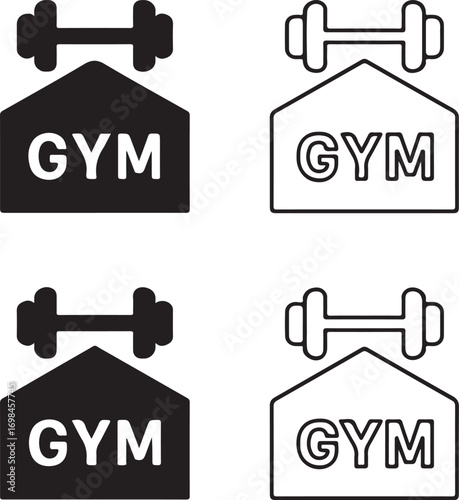 Isolated gym building icons, black fitness center vector, minimal sports building silhouette, outline gym house symbol, workout place clipart, editable vector gym icon set