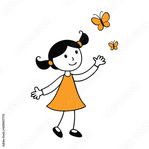 Cartoon Girl Playing with Butterflies – Cute Vector Illustration