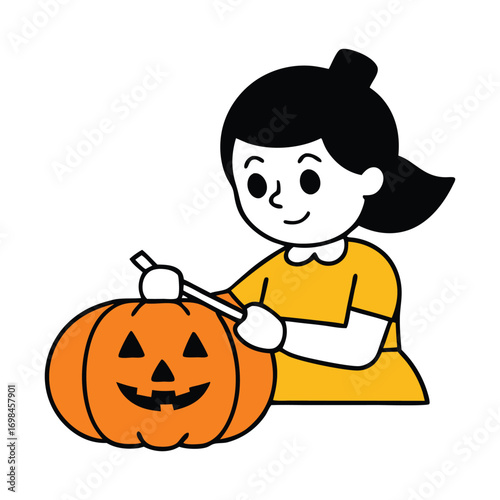 Girl Carving Halloween Pumpkin Jack O Lantern Illustration on White Background