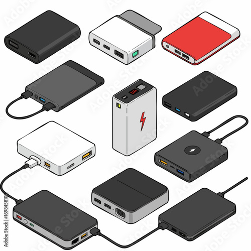 Isometric Digital Storage Media Device with Multiple Ports and Connectors Set
