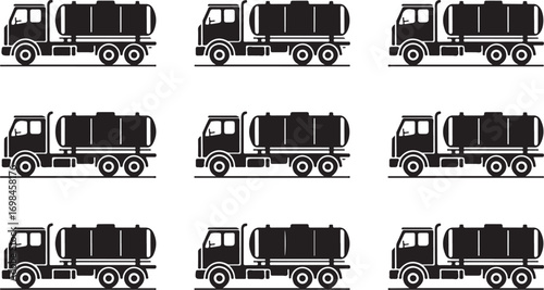 Silhouette Tanker Truck Fleet Transporting Liquid Cargo Across Checkered Backdrop Pattern