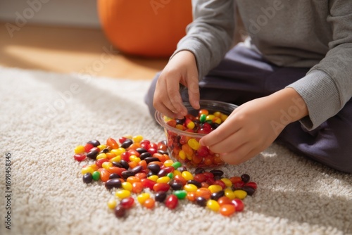 A young child sits on a soft carpet, carefully sorting vibrant jelly beans from a bowl. The cozy indoor space is filled with natural light, creating a cheerful atmosphere for playtime
