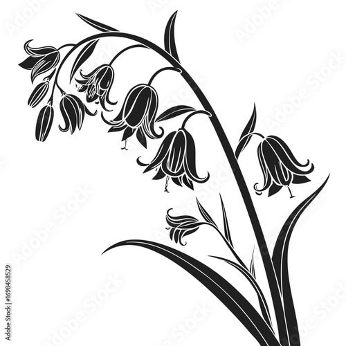 Black and white silhouette of bell shaped flowers on a stem