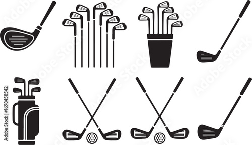 Silhouette Golf Clubs and Golf Balls on a Transparent Checkered Background Pattern