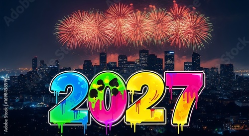 Colorful 2027 New Year's Fireworks Over a City Skyline