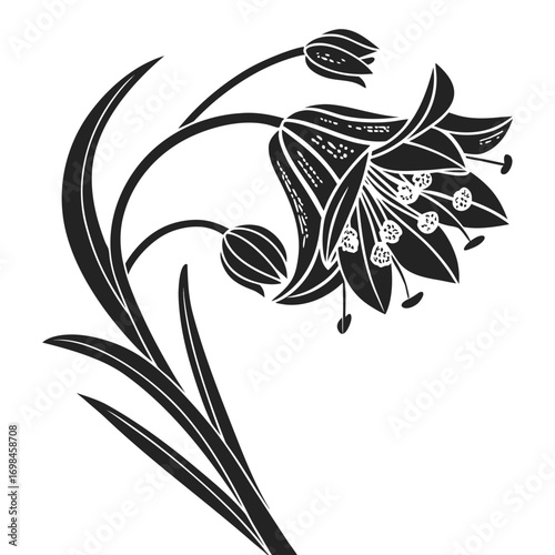 Elegant black and white floral silhouette with bell shaped flowers and leaves