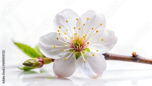 Delicate white blossom with green leaves on a reflective surface