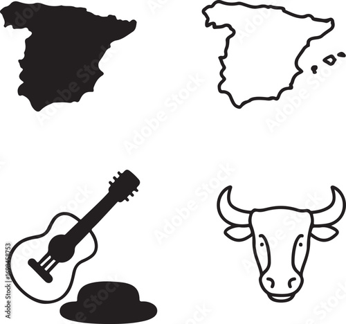 Isolated Spain icons, black Spain map vector, minimal Spain silhouette, outline Spanish symbol, country shape clipart, editable vector Spain icon set