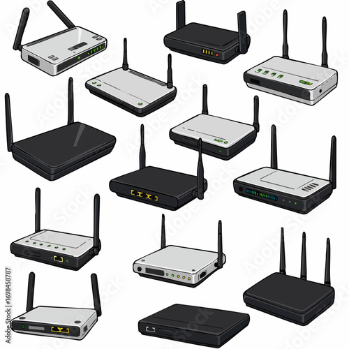 Detailed Realistic Various Router Modern Technology Wireless Network Equipment Illustration