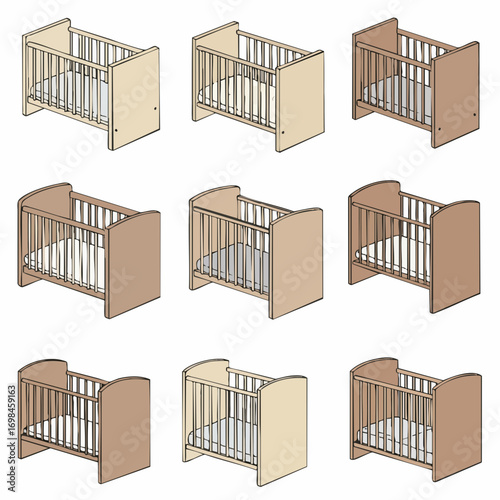 Isometric Wooden Baby Crib Collection Different Shades Set Illustration