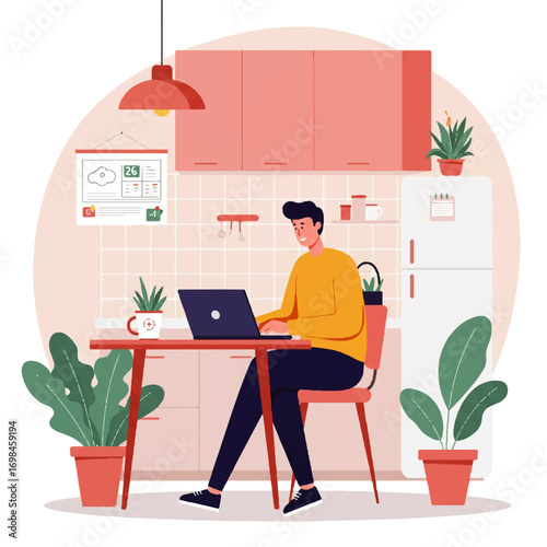 A man working from home in a cozy kitchen, using a laptop