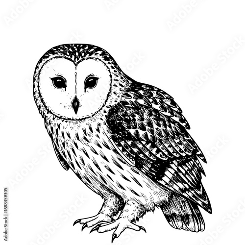 Owl in old engraving style, vintage wildlife art, black sketch bird print, trendy design, white background, nature illustration