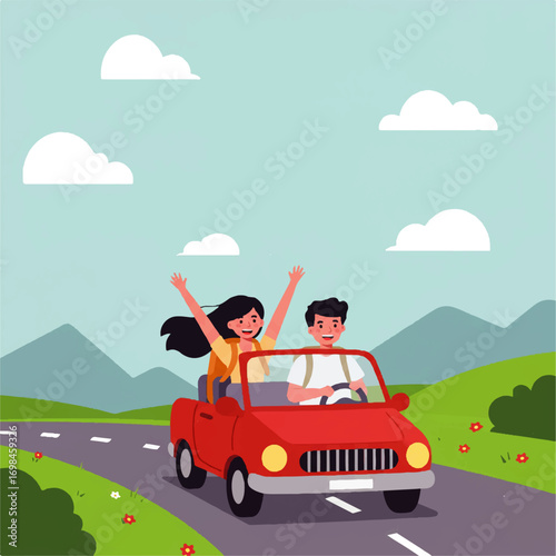 A couple joyfully rides in a red convertible car on a scenic road trip with mountains and clouds in the background