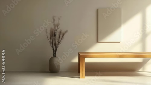 Minimalist interior featuring a light tan wall with sunlight, a centered wooden table, a blank canvas, and decorative vases with dried floral arrangements on either side.