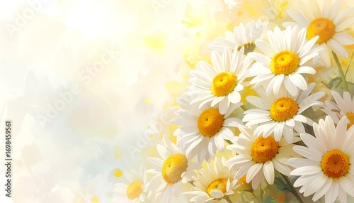 White daisies cluster in the corner against a soft yellow-white watercolor background