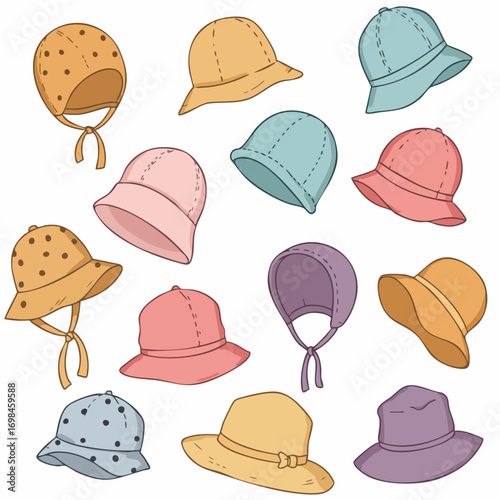 Watercolor Various Designs Baby Bonnet and Bucket Hats Apparel Illustration