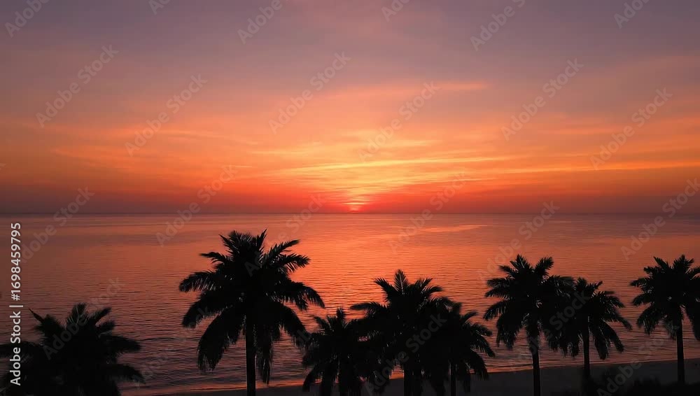 Silhouette of palm trees against a vibrant orange and purple sunset over the ocean