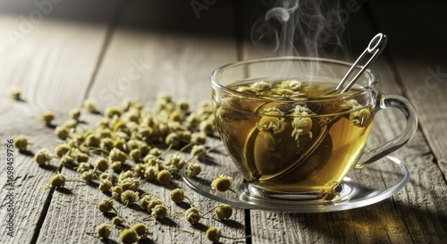 Steaming cup of golden chamomile herbal tea with dried flowers and tea infuser on a rustic wooden table, evoking warmth and relaxation.