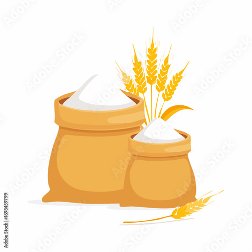 Bags flour and wheat ears set.