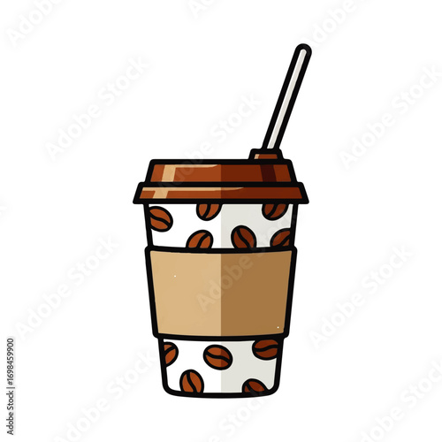 Cartoon illustration of a disposable coffee cup with coffee beans pattern, a brown lid, and a straw