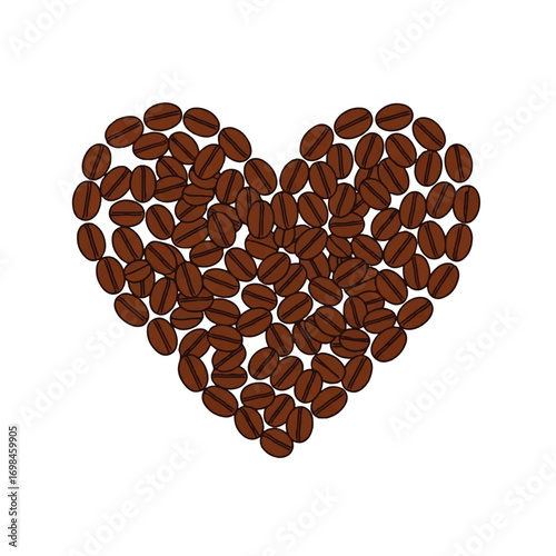 Heart-shaped arrangement of coffee beans against a white background