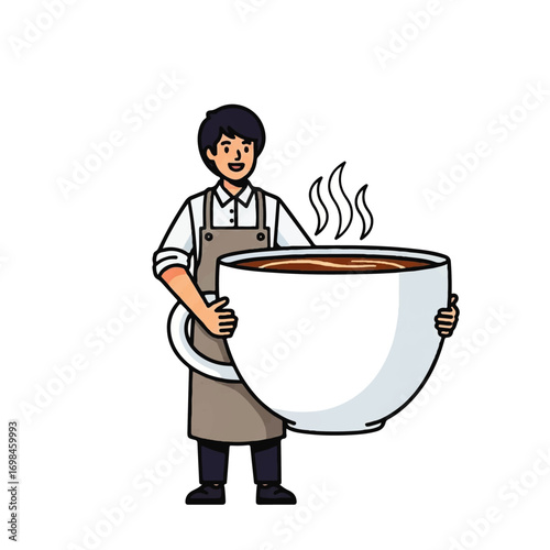 Illustration of a barista holding a giant steaming cup of coffee, smiling