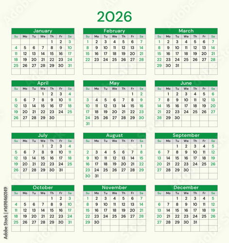 2026 calendar. English vector illustration design (week starts sunday)