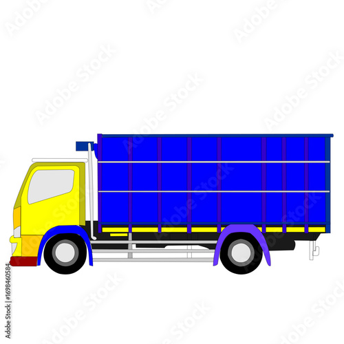 Illustration of yellow cargo truck Indonesian with blue container body isolated on white background