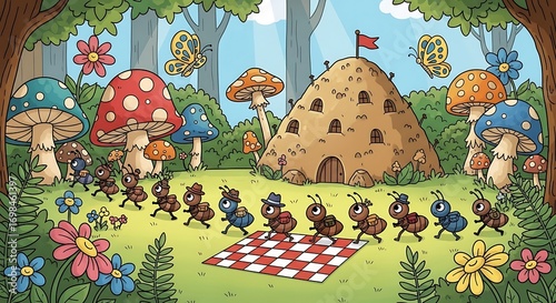 Cartoon ants marching to a picnic blanket near a large anthill home