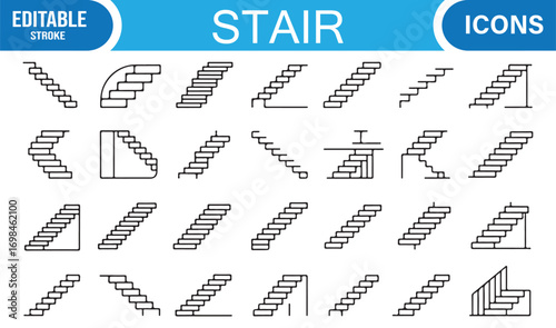 Architectural design vector icons set with stairs, levels, handrails, and structural step patterns