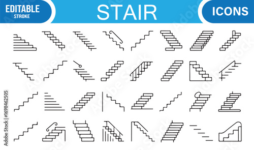 Interior navigation line icons pack with stairs, staircases, and modern architectural stair graphics