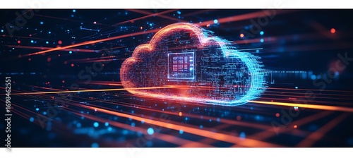The digital cloud technology is shown with glowing lines and dots, representing the future of data storage and processing on a dark backdrop