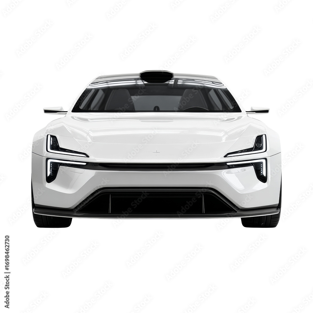 Naklejka premium Sleek white electric vehicle isolated on transparent background, modern automobile design