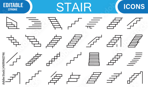 Outline stair vector icons with handrails, flights, levels, and interior architectural illustrations