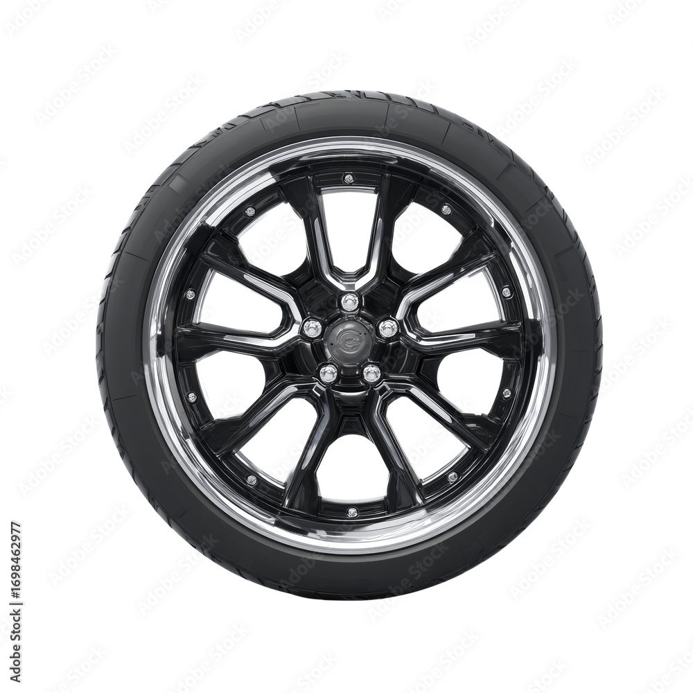Obraz premium Sleek automotive wheel design with polished accents showcasing dynamic form and precision