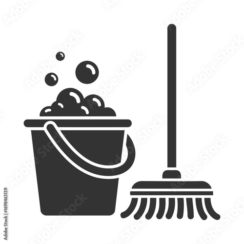 Bucket of soapy water and mop for effective home cleaning and sanitization white background