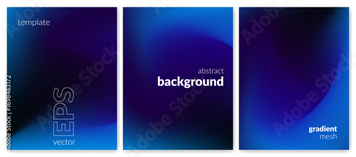 Abstract liquid background set. Gradient mesh. Effect blend dark blue color. Blurred fluid colorful mix. Modern design template for web cover, header, ad banner, poster, brochure, flyer. Vector image