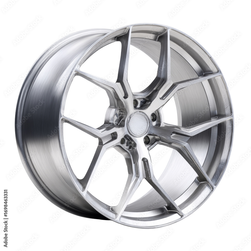Obraz premium Intricate alloy automotive wheel displaying radial symmetry and precision engineering with a