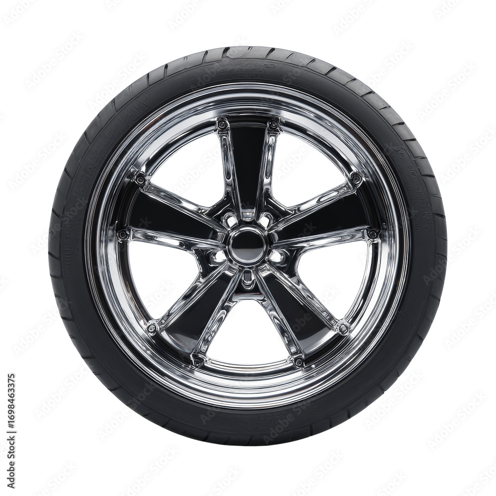 Fototapeta premium Automotive Chrome Wheel and Tire Combination with Intricate Spoke Design on Isolated View
