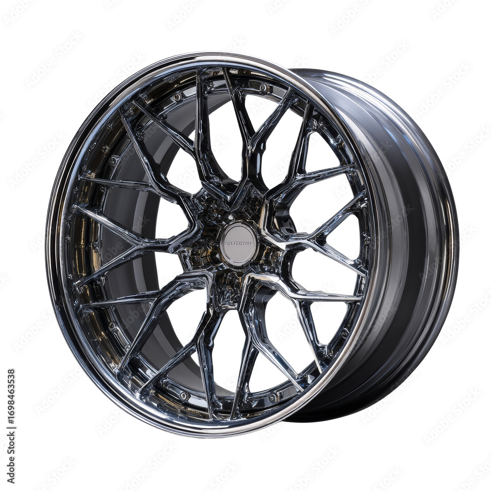 Obraz premium Intricate automotive alloy wheel showcasing elaborate spoke design and reflective metallic surface