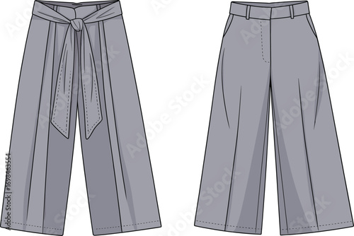 Women wide leg pants template, front view fashion illustration, stylish belted trousers, high waist culottes, modern ladies apparel, vector clothing mockup for design