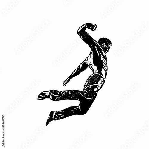 Silhouette of a man jumping and punching forward.