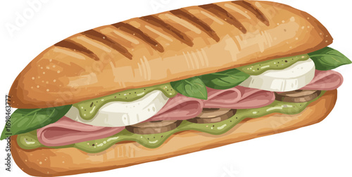 Panini Sandwich with Ham, Buffalo Mozzarella and Pistachio Sauce Vector