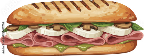 Ham and Buffalo Mozzarella Panini with Pistachio Sauce Vector
