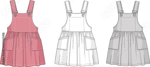 Girls pinafore dress template, front view design set, cute toddler fashion, stylish kidswear, layered pocket dress, children clothing vector, baby outfit mockup illustration