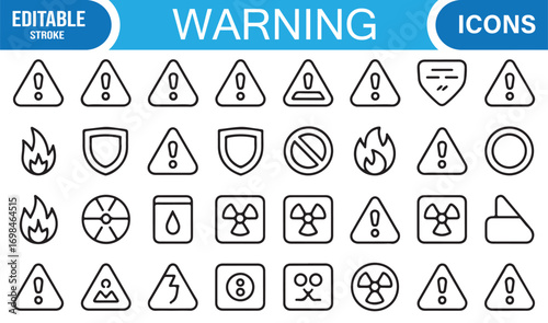 Emergency and risk outline icon set featuring fire, stop sign, exclamation, and protective shield graphics